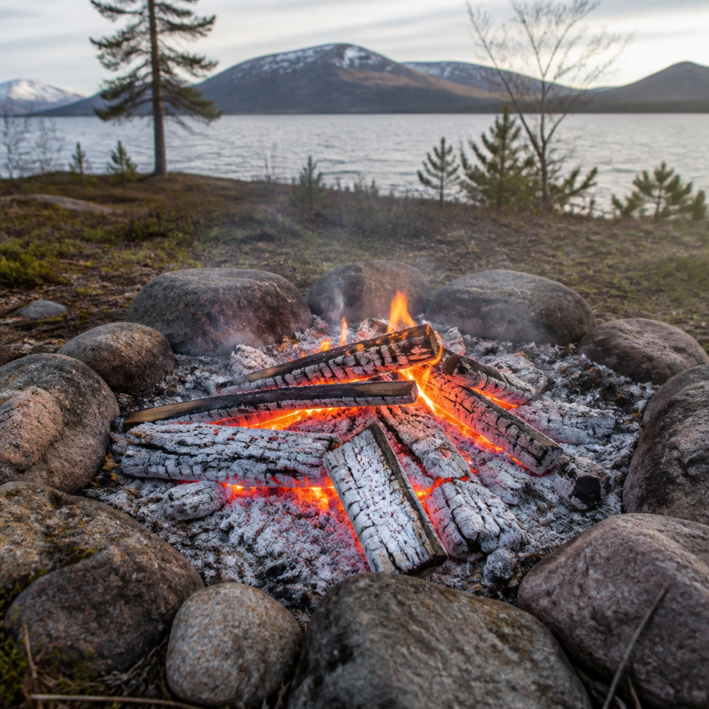 Bål med glødende kul og køligere ydre kant til madlavning