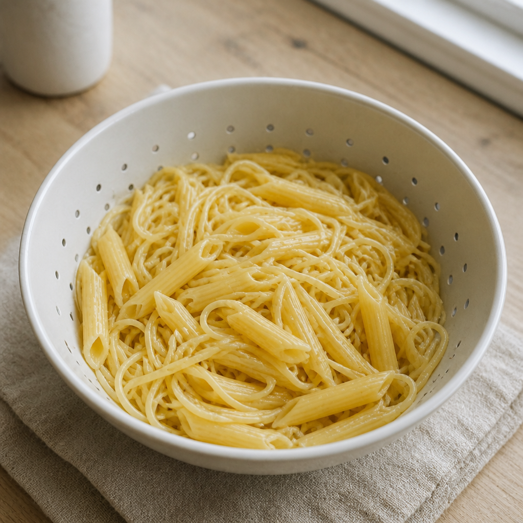 Afsiet pasta kogt al dente — fast at bide i, ikke grødet