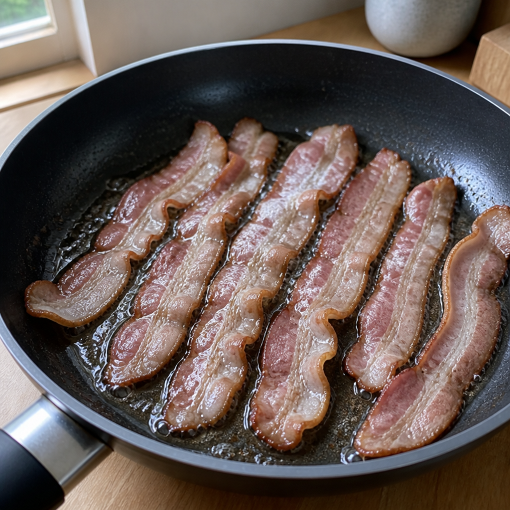 Bacon i panden, mens fedtet smelter ud, og kanterne begynder at sprøde