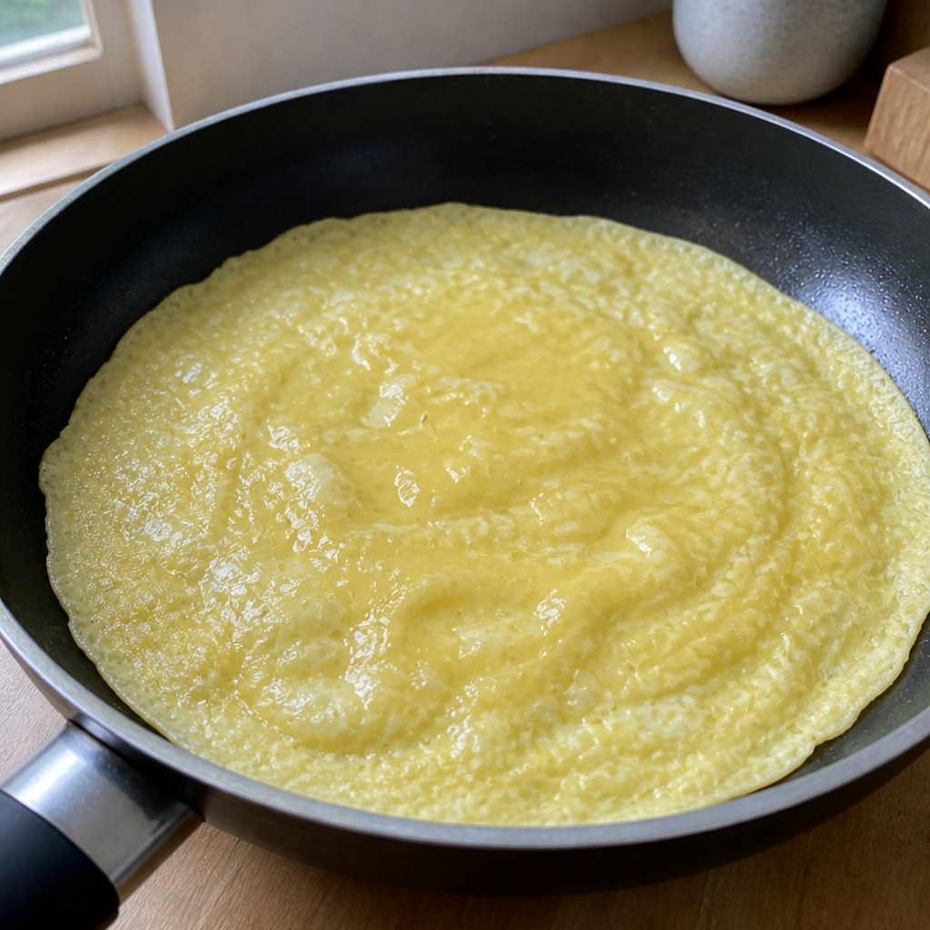 Omeletlag i panden med sat underside og blank, blød overflade