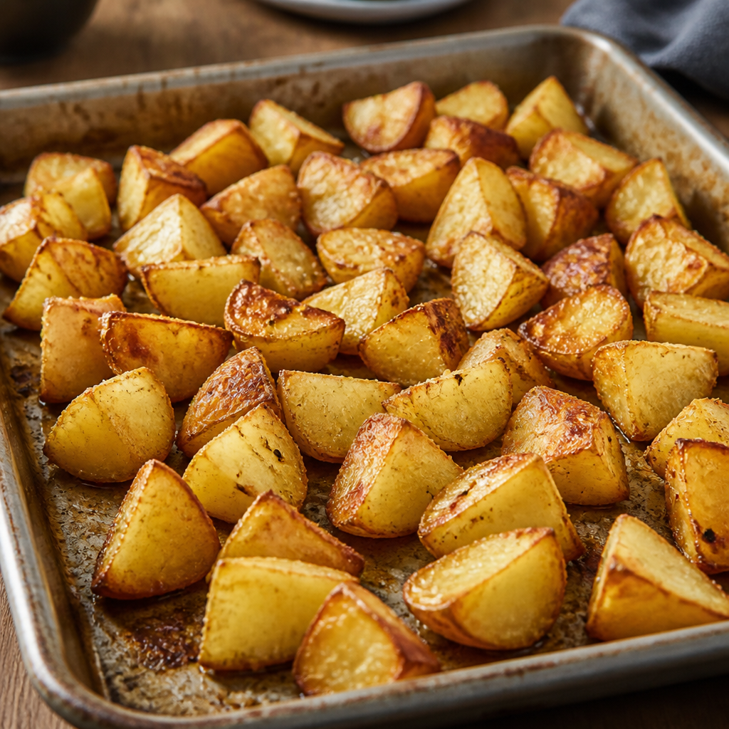 Ovnstegte kartoffelstykker med sprøde, gyldne kanter