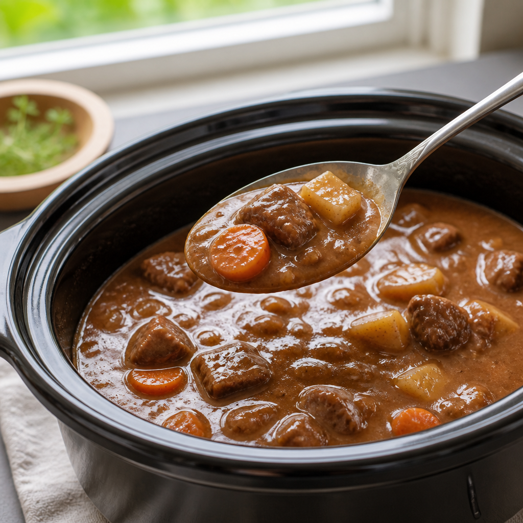Slowcooker-gryderet efter indkogning — sovsen belægger skeen